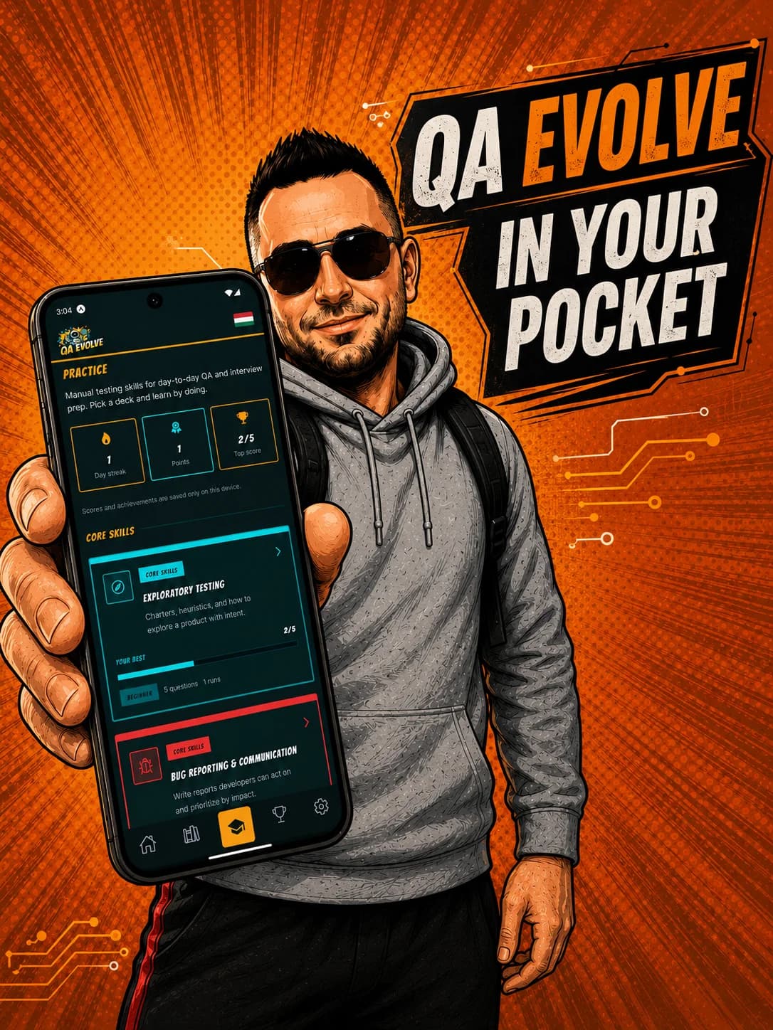 QA Evolve comic hero illustration 2